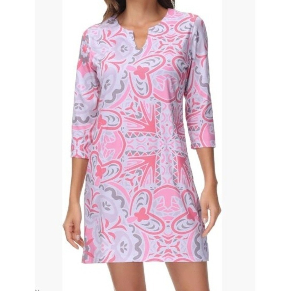 LightBare UPF 50+ Pink Medallion 3/4 Sleeve Shift Dress Sz S Pockets Performance
